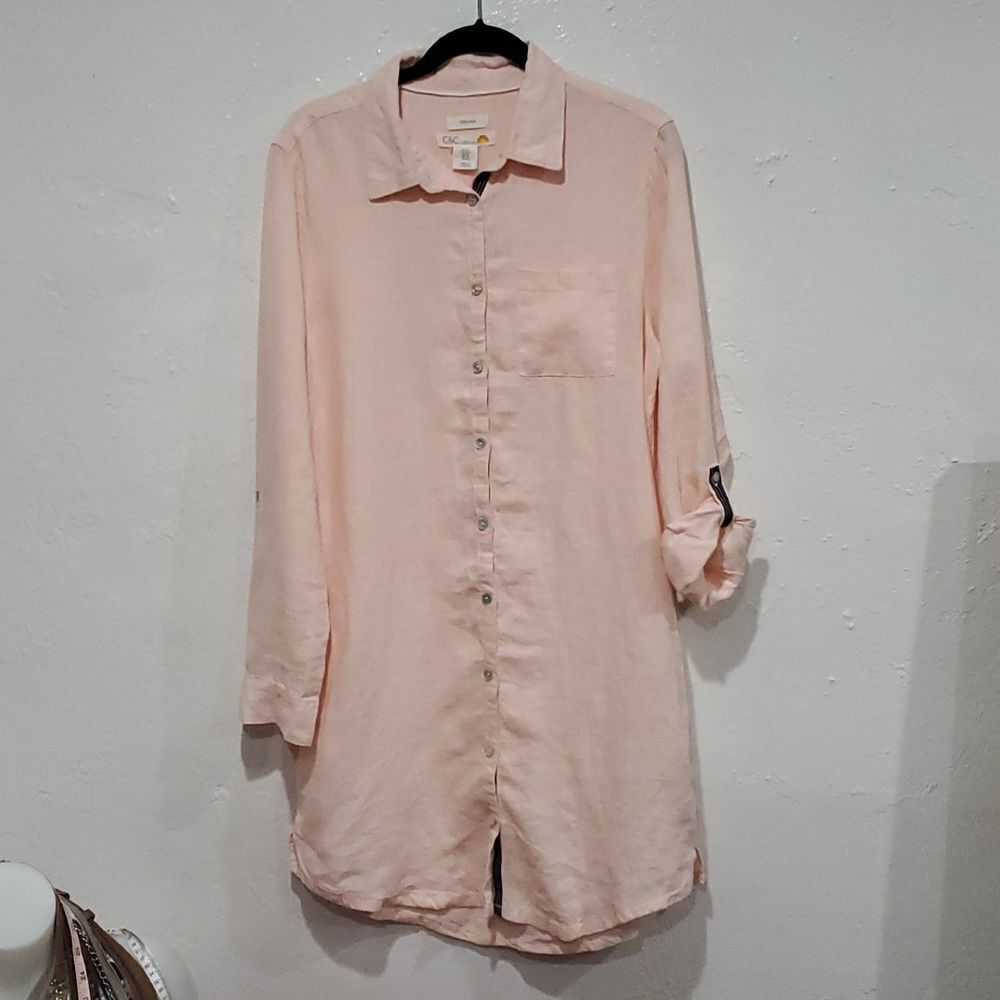 C&C California 100% Linen Peach Shirt Dress with Pockets Size M